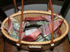 11 x 5.5 x 11 cherry tote. Nantucket red plaid in silk with leather.